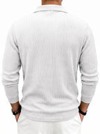 Men'S Casual Jacquard Polo Shirt, Autumn Easy Style Elastic Long Sleeve Textured Fabric Slim Fit Base Layer Top - White
