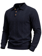 1pc Autumn Men'S Long Sleeve Plaid POLO Shirt Solid Stripe Retro Style Outdoor Sports Casual Pullover Top - Navy Color