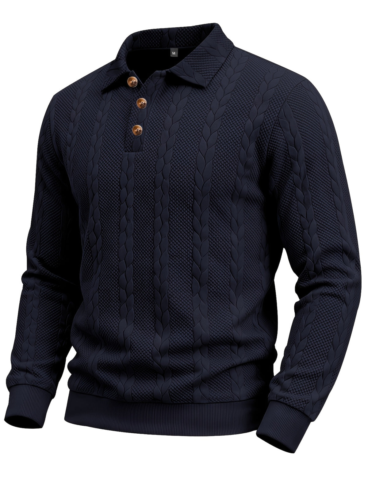 1pc Autumn Men'S Long Sleeve Plaid POLO Shirt Solid Stripe Retro Style Outdoor Sports Casual Pullover Top - Navy Color
