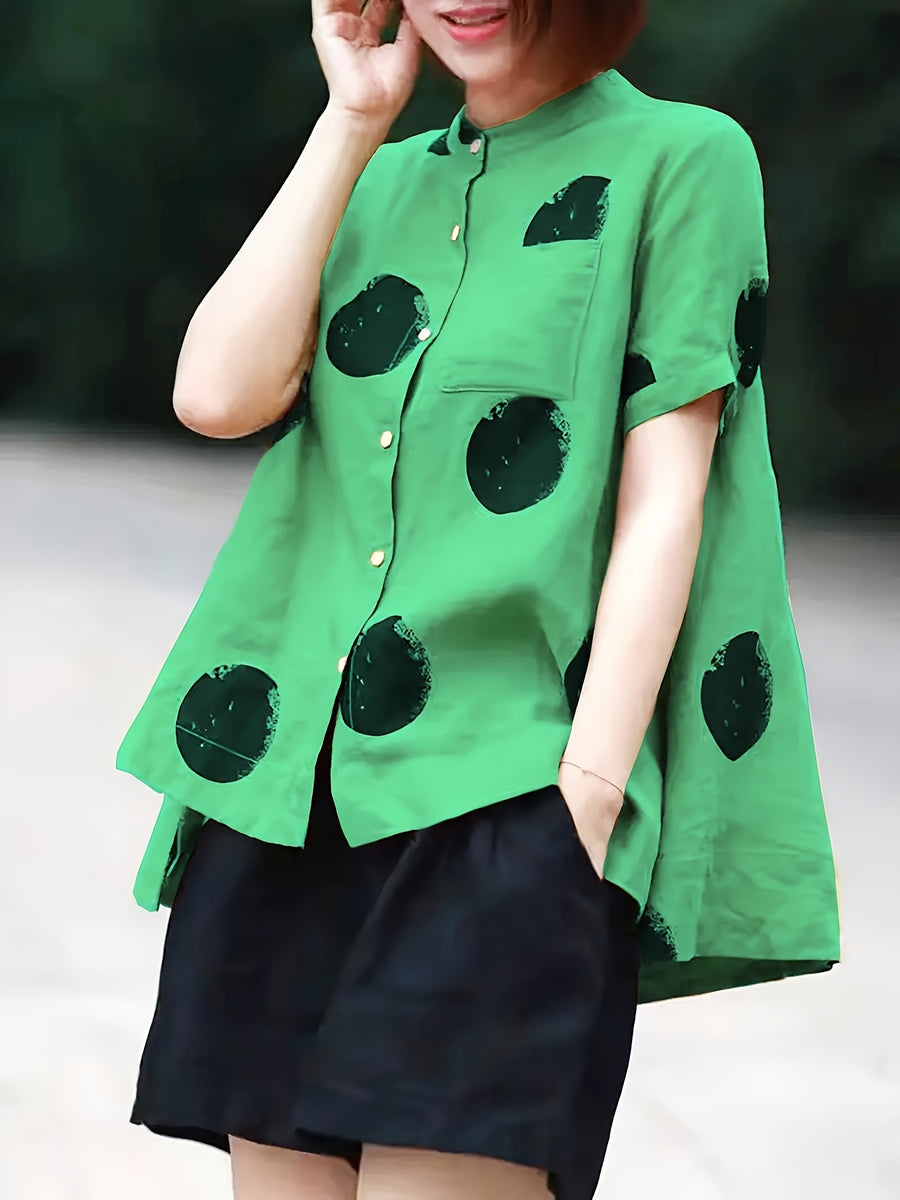 Women'S Vintage Polka Dot Print Shirt - Short Sleeve, Stand Collar, Button-Up Top with Asymmetrical Hem, Black & Orange, Casual Summer Blouse for Adults, Casual Summer Wear | Vintage Style Shirt | Nonstretch Fabric - Emerald Green
