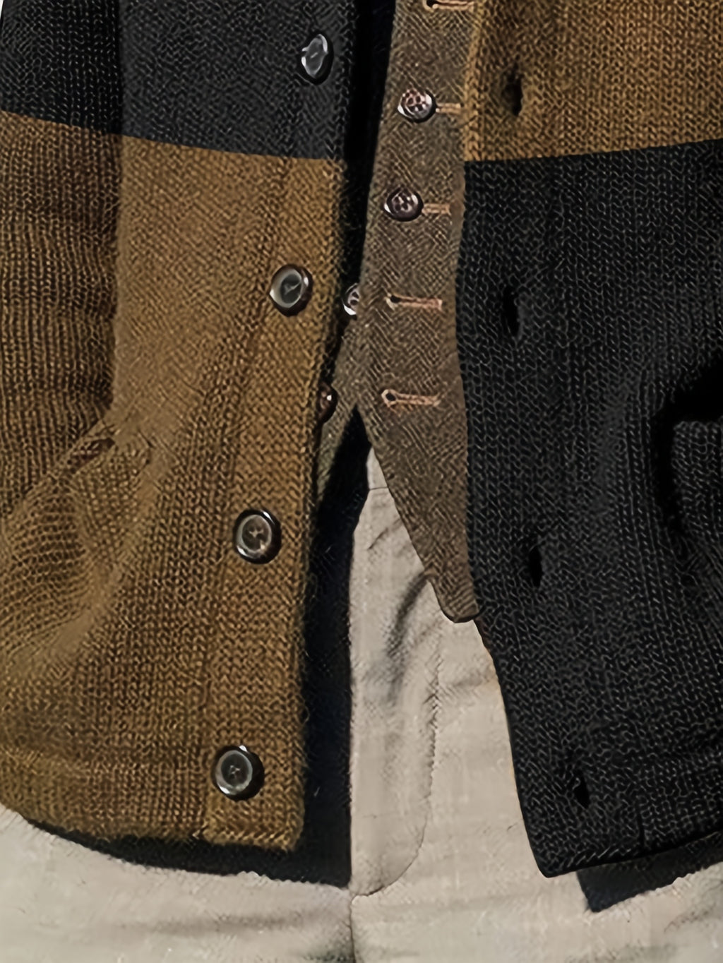Men's Autumn and Winter New Style Lapel Single Breasted Cardigan Color Blocked Fashionable Casual Business Versatile Slim Fit Skin Friendly Comfortable Soft Warm Long Sleeved Pocket Durable Sports Vitality Simple Knitted Sweater - Black