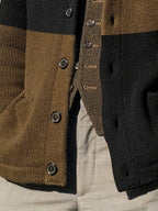 Men's Autumn and Winter New Style Lapel Single Breasted Cardigan Color Blocked Fashionable Casual Business Versatile Slim Fit Skin Friendly Comfortable Soft Warm Long Sleeved Pocket Durable Sports Vitality Simple Knitted Sweater - Black