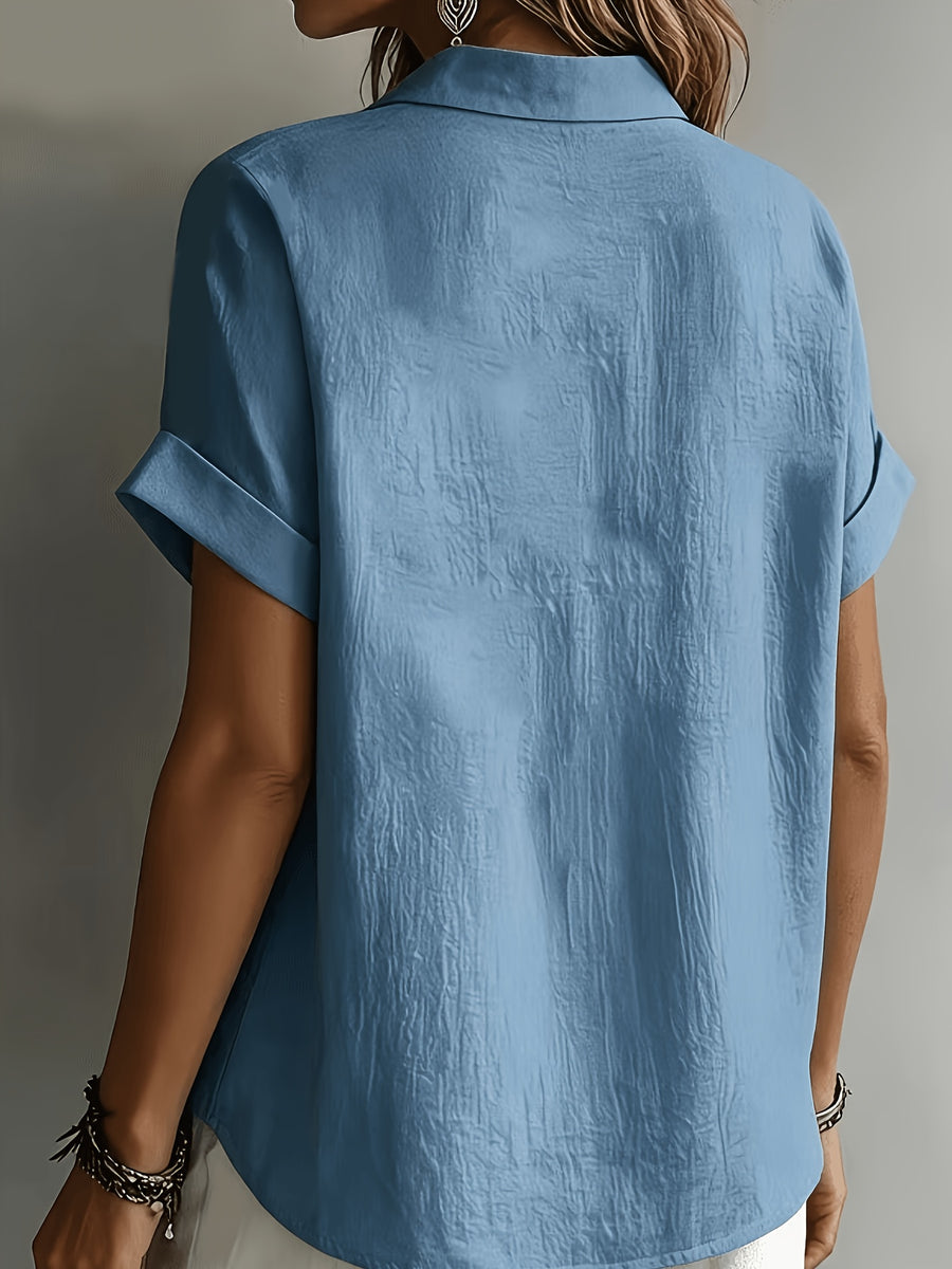 Women's Elegant Vacation-style Short-sleeve Top, Loose and Relaxed Shirt, Commuting Casual Literary Style, Figure-flattering, Daily Temperament Style, Loose and Draping, Breathable and Comfortable - Sky Blue