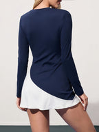 Women's Fashionable and Elegant Tennis Style Long Sleeve Crew Neck Dress with Contrast Hem Design, Yoga Activewear Dress, Leggings, Single Side Pocket, Suitable for Tennis Dress Long Sleeve Sport Skirt, Gym, Navy Blue, Athletic Casual Dress - Navy Color