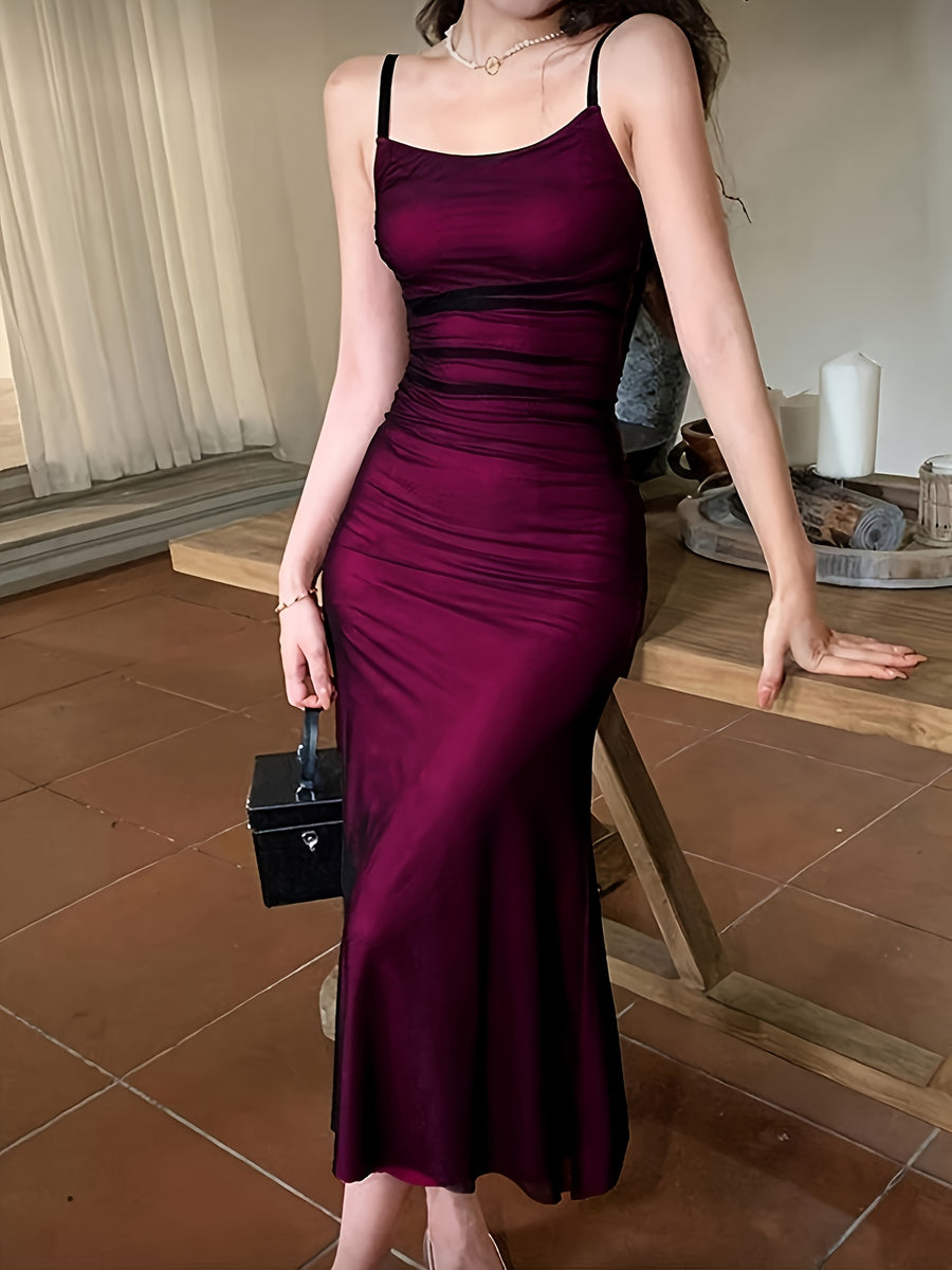 Women's Fashion New Black Sheer Red Strap Hip-Enhancing Dress with Waist Cinching Design, Long Dress - Rose Red