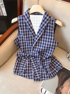 Plaid Lace-up Waist-cinching Outer Vest Shirt with a Design Sense - Blue