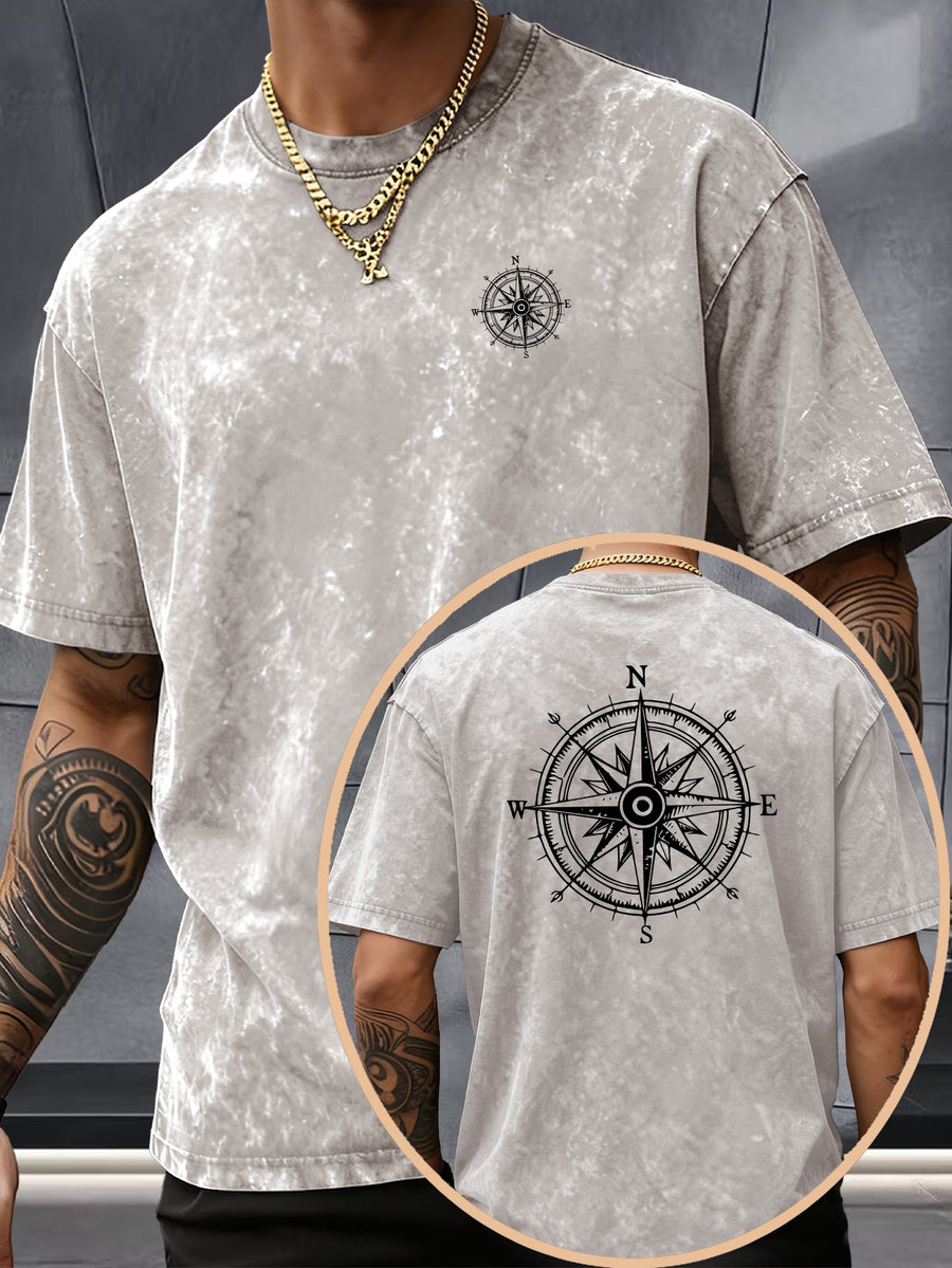 Short Sleeve Top, Washed Distressed Loose Round Neck T-Shirt, Double-Sided Compass And Needle Trendy Print, Casual Styling American Street High Street Hip-Hop Couple Style Daily Outing Commute Statement Sports Fitness All-Match Top - Apricot