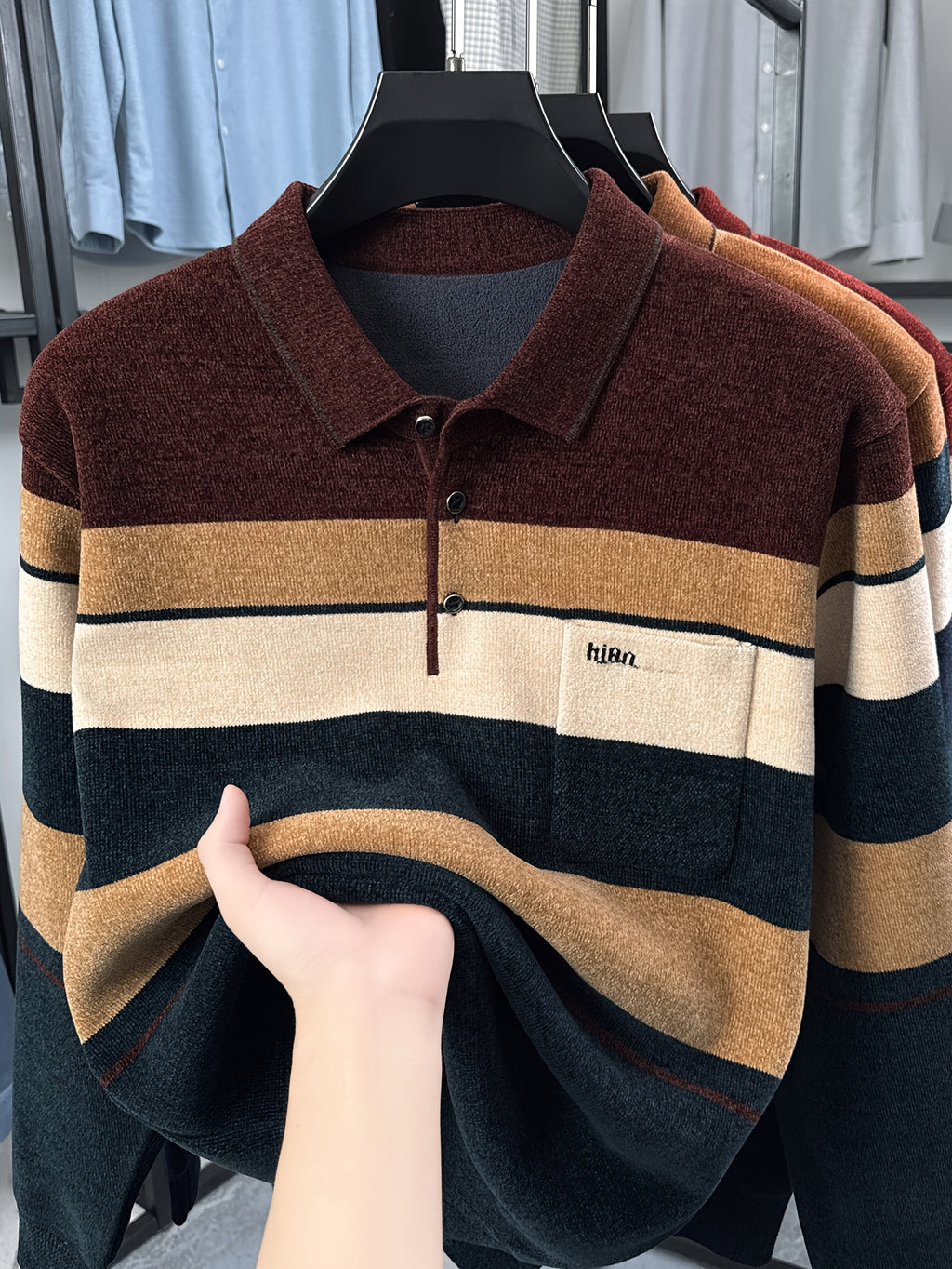 New Men's Color-Block Knit Pullover Autumn/Winter Warm Casual Polo Sweater - Dark Coffee