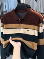 New Men's Color-Block Knit Pullover Autumn/Winter Warm Casual Polo Sweater - Dark Coffee