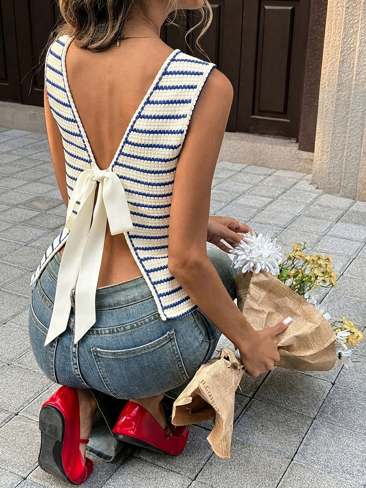Summer Elegant Commute Vacation Date Back Contrast Bow Stripe Round Neck Sleeveless Vest Women'S Clothing - Navy Color