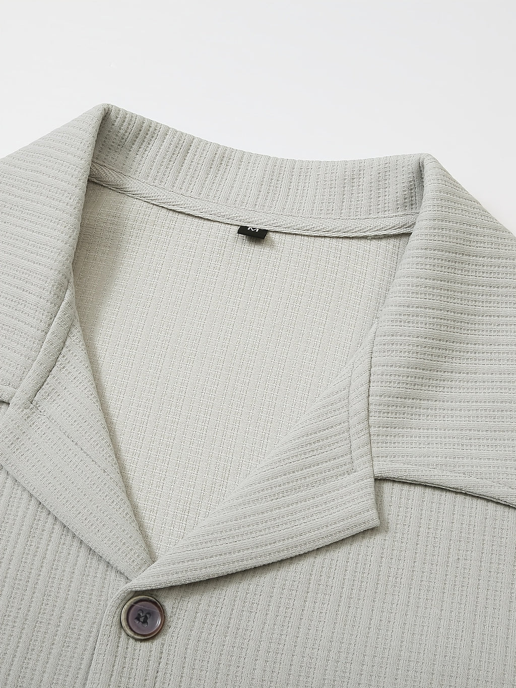 Men's Vintage Lapel Long Sleeve Shirt, Vertical Ribbed Minimalist Solid Knit Top, Versatile Casual Wear - Light Grey