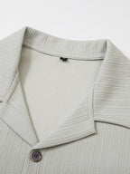Men's Vintage Lapel Long Sleeve Shirt, Vertical Ribbed Minimalist Solid Knit Top, Versatile Casual Wear - Light Grey