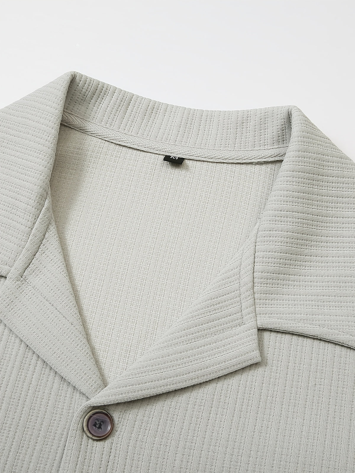 Men's Vintage Lapel Long Sleeve Shirt, Vertical Ribbed Minimalist Solid Knit Top, Versatile Casual Wear - Light Grey