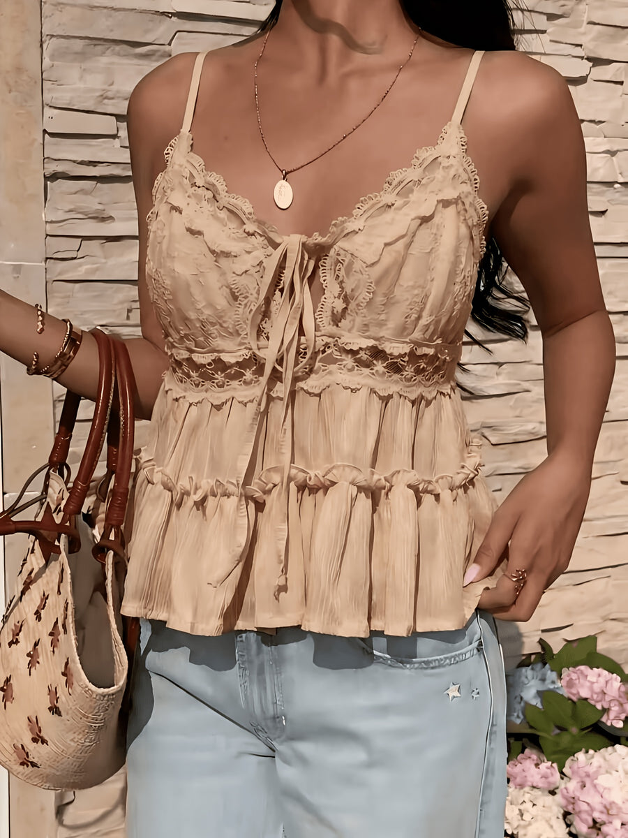 Women'S Apricot Lace Camisole Sexy Top, Solid Fabric with Lace Splice, Suitable for Date Night, Beach Party Summer - Khaki