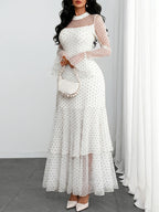 Women'S Romantic Sexy Elegant Modern Polka Dot Printed Stand Collar, Waist Double Slit Multi-Layered Skirt Dress, Suitable for Dates, Vacations, And Casual Wear, Belt Not Included - White