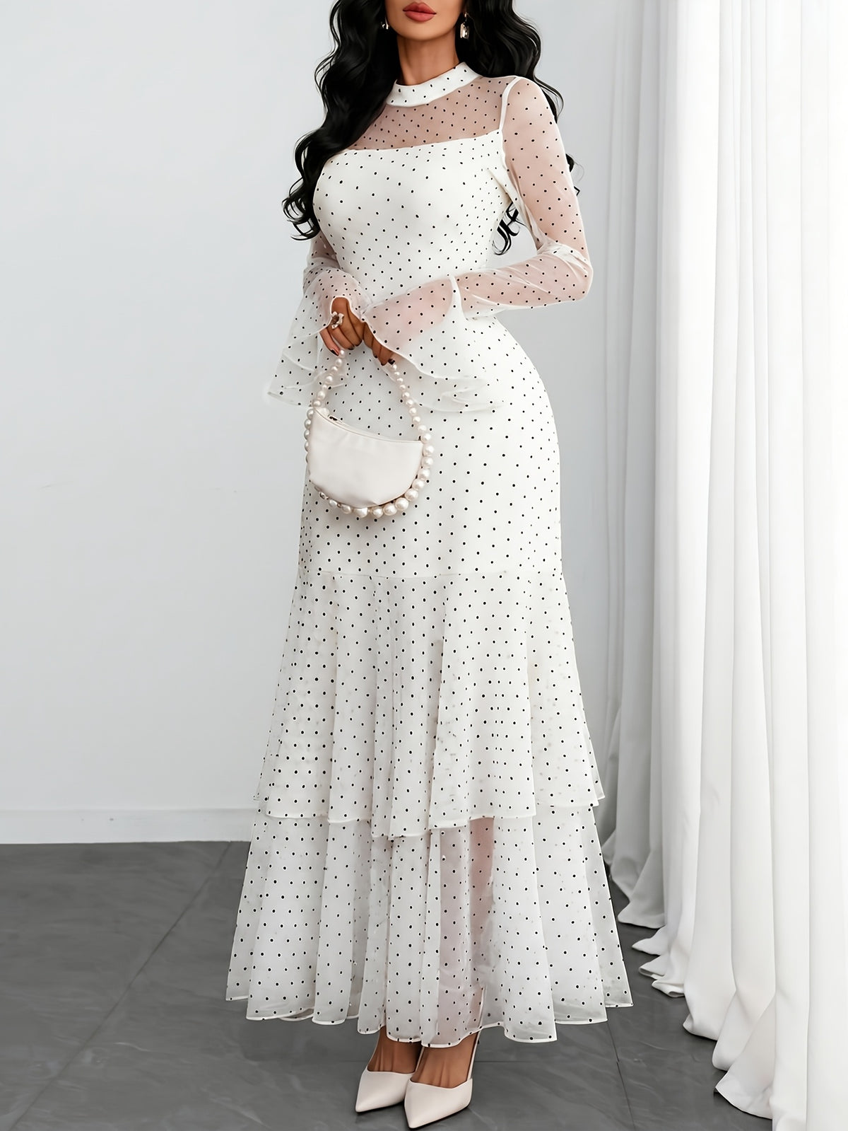 Women'S Romantic Sexy Elegant Modern Polka Dot Printed Stand Collar, Waist Double Slit Multi-Layered Skirt Dress, Suitable for Dates, Vacations, And Casual Wear, Belt Not Included - White