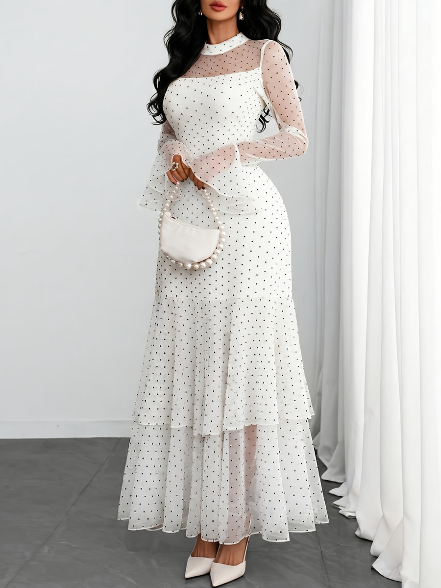 Women'S Romantic Sexy Elegant Modern Polka Dot Printed Stand Collar, Waist Double Slit Multi-Layered Skirt Dress, Suitable for Dates, Vacations, And Casual Wear, Belt Not Included - White