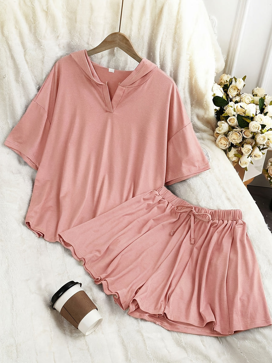 Plus Size Fashion Temperament Casual Solid Color Hooded Sweatshirt Short-Sleeved Top Drawstring Shorts Skirt Two-Piece Set - pink