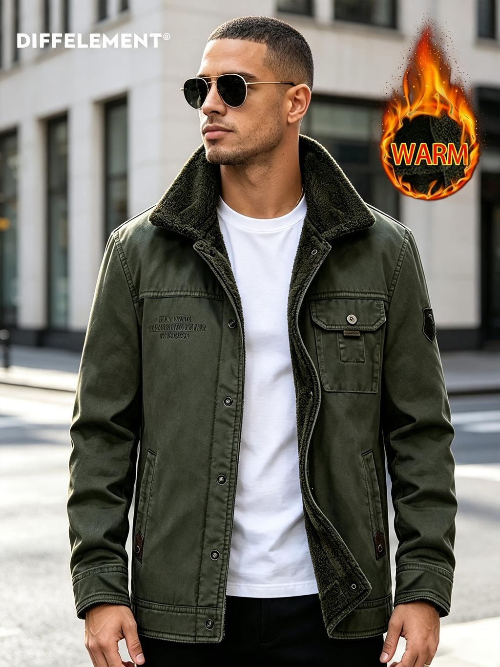 DIFFELEMENT Men's Lapel Workwear Jacket with Temperature-Locking Cold-Resistant and Wear-Resistant Snap Button Placket, Multiple Pockets for Storage, Chest Embroidery Decoration, Label Detail, Neat Stitching Craftsmanship, Classic Vintage Workwear - fern green