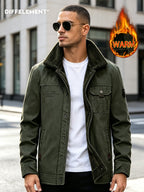 DIFFELEMENT Men's Lapel Workwear Jacket with Temperature-Locking Cold-Resistant and Wear-Resistant Snap Button Placket, Multiple Pockets for Storage, Chest Embroidery Decoration, Label Detail, Neat Stitching Craftsmanship, Classic Vintage Workwear - fern green