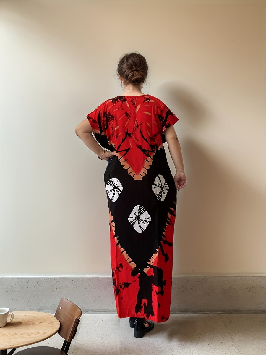 Plus-Size Floral Print Kaftan Dress for Ramadan, Elegant Round-Neck Short-Sleeve Gown for Middle Eastern Women, Women'S Plus-Size Clothing - Scarlet red