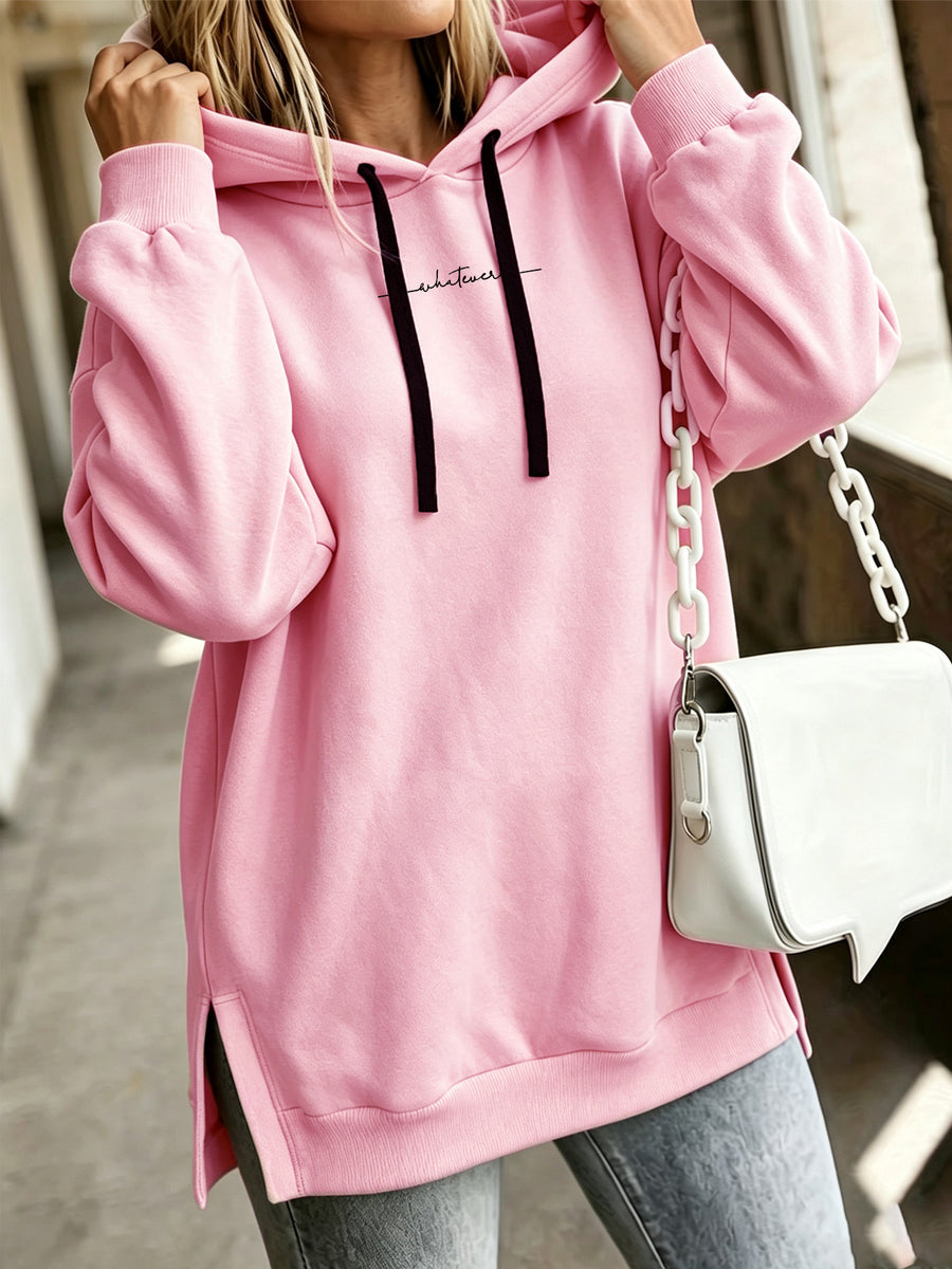 Women'S Fashion Hooded Sweatshirt for Autumn And Winter - Pattern Print Design, Side Slit Detail, Pullover Hoodie - Pink Color