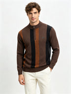 Men's Half-Zip Stand Collar Color-Block Knit Sweater, Cable Textured Pullover, Retro Sporty Fall Winter Top - Dark Brown