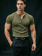 American Vintage Henley Knit Short Sleeve Top, Men'S Slim Fit T-Shirt, Square Shoulder Cut Enhances Shoulder Lines, Vertical Striped Elastic Fabric Moisture-Wicking And Breathable, Suitable for Commuting Office, Fitness Training, Travel Vacation - Military Green