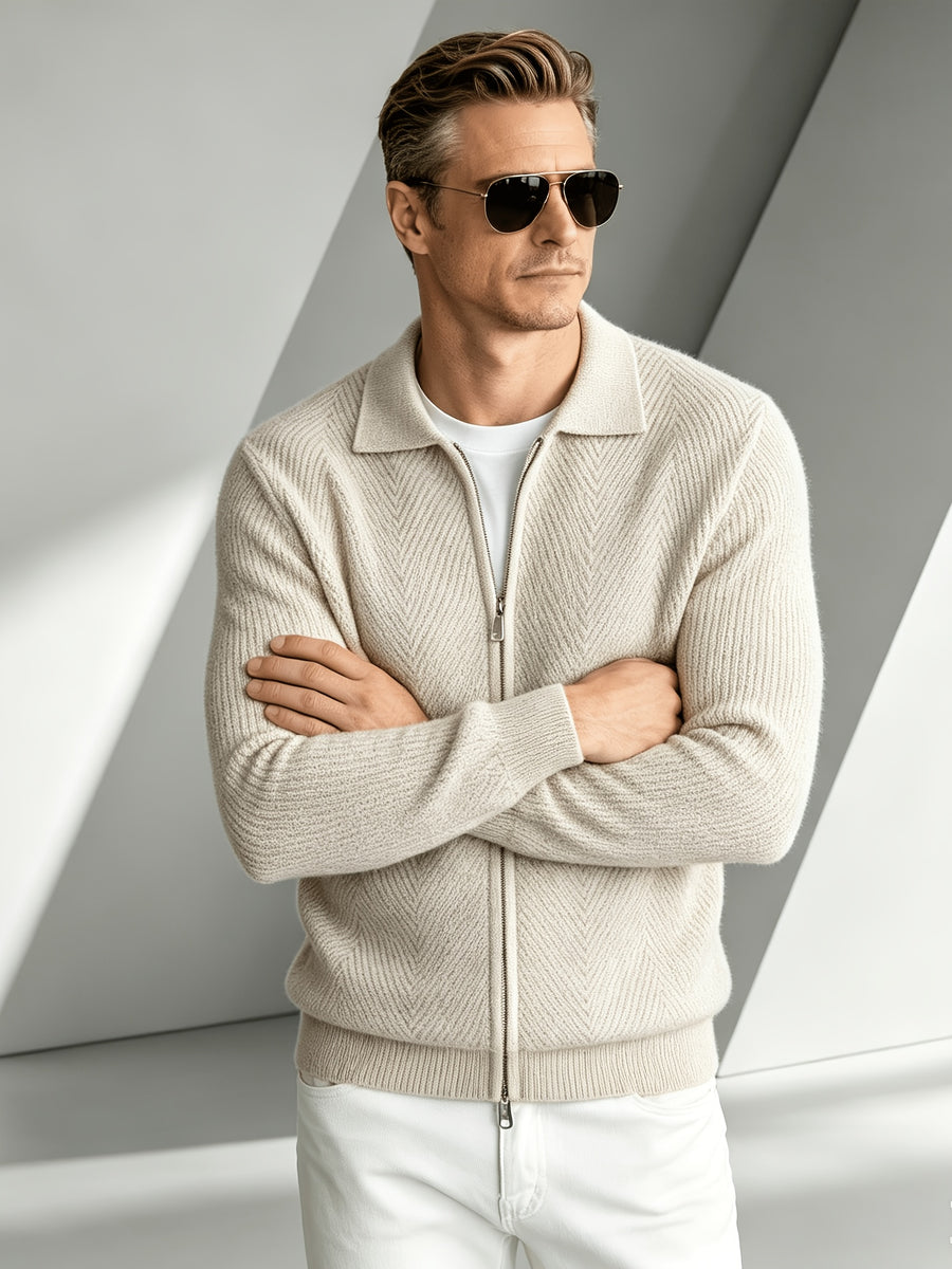 Business Mature Casual Men'S Lapel Full-Zip Knit Cardigan, Ribbed Cuffs And Hem Fitted Long Sleeve Knit Jacket, Suitable for Daily, Office, And Weekend Wear in Autumn And Winter - Apricot