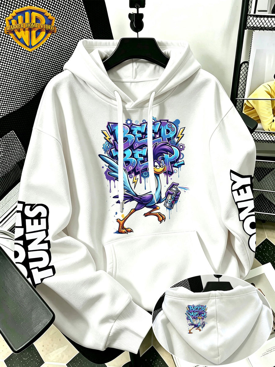 WB Warner Bros Official Men's & Women's Cyber Graffiti Runaway Bird Hoodie - Iconic WB Print Sweatshirt, Adjustable Hood, Loose Fit Warm Pullover for Fall/Winter, Machine Washable Suitable for Daily Wear & Outdoor Sports - White