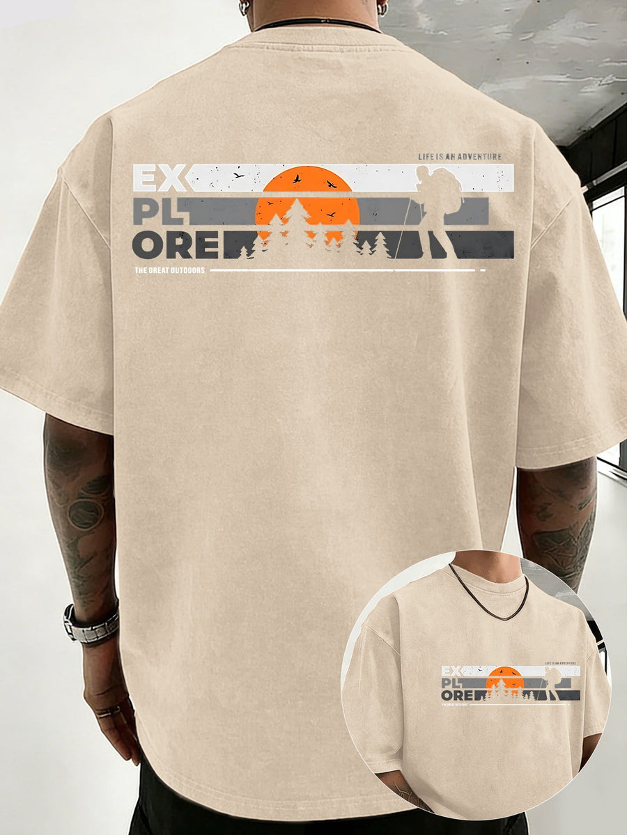 Short Sleeve T-Shirt Men'S Heavy Washed Distressed Loose Top Trendy Reversible Double-Sided Print Overbearing Flame Tiger Head Dark Trendy Print 12 Colors Random Match High Street Hip-Hop Style Daily Commute Fitness Couple Style Street Style Nationa - Apricot