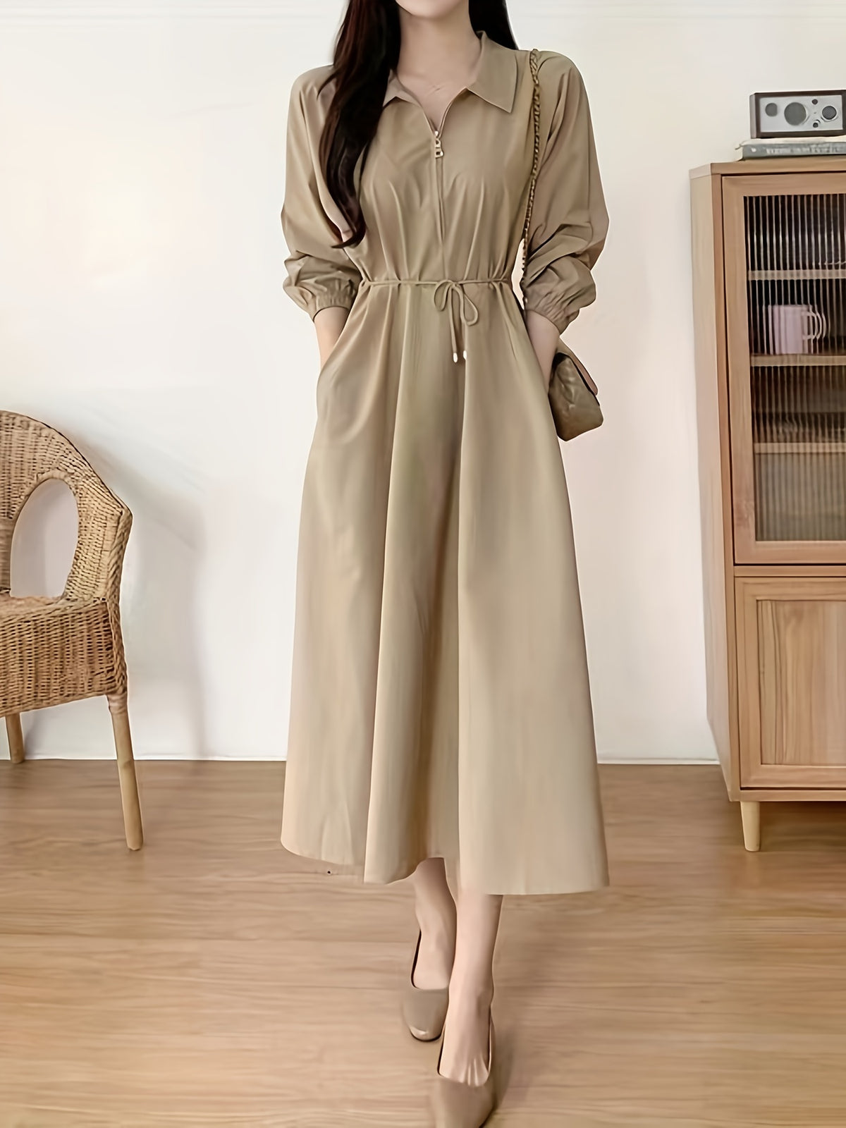 Lapel Tie Dress - Khaki