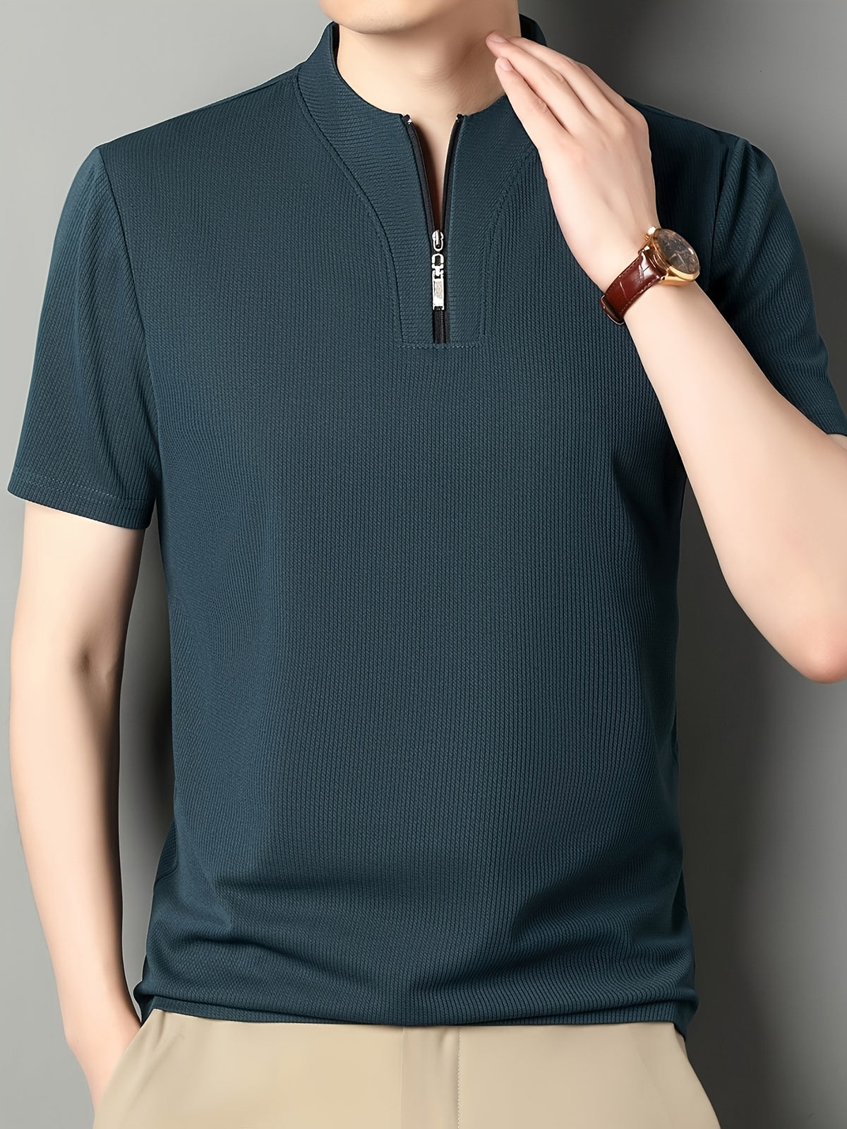 SaXing OBM New Spring/Summer Men's Polo Shirt, Solid Color Textured Ribbed Cable Knit Half-Placket Zipper Style Stand Collar Short Sleeve T-Shirt, Men's Business Casual Fashionable Breathable Versatile Henley Knit Pullover Base Layer Top - Sea Blue