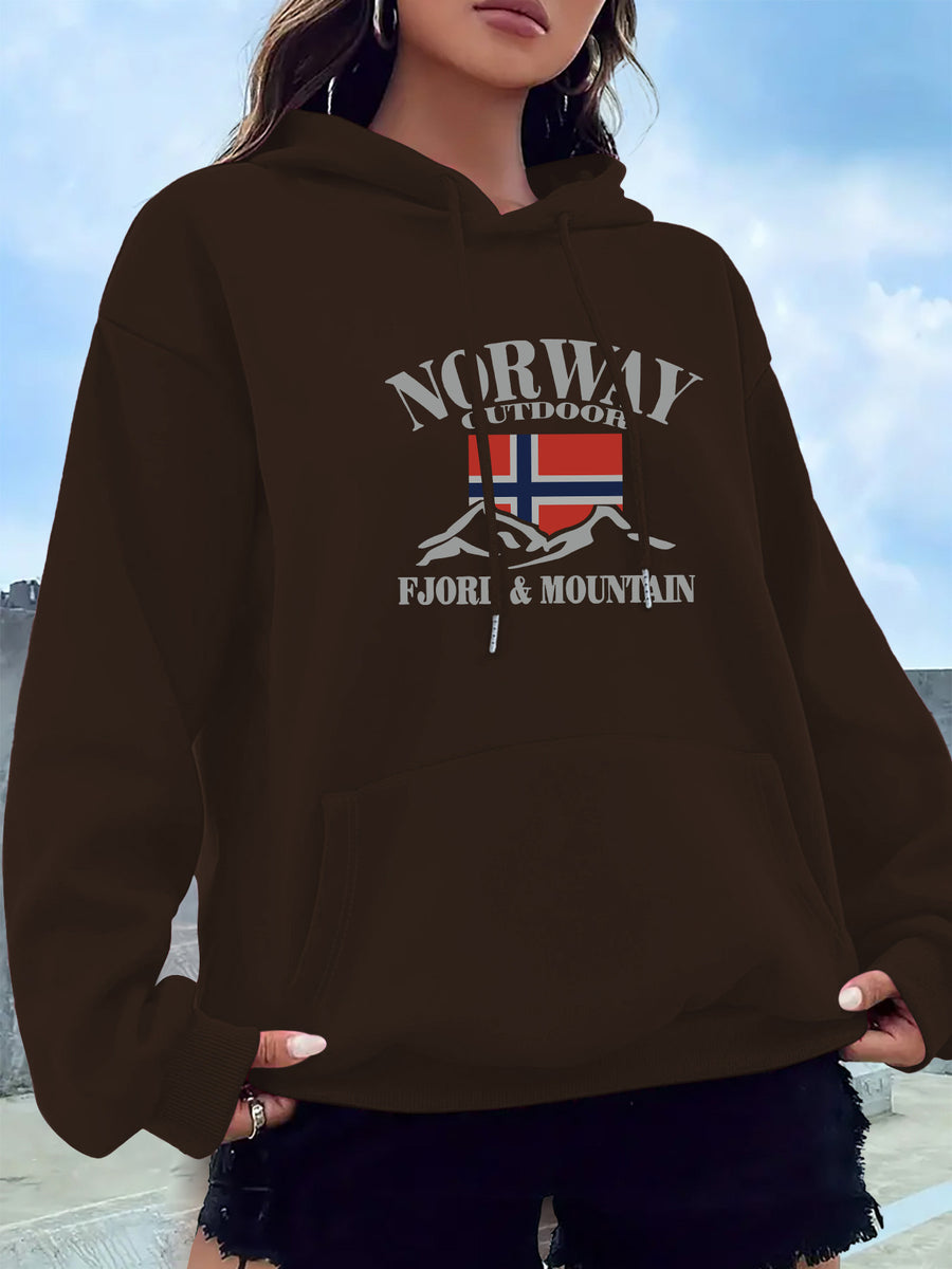2025 New Women's American Fashion Casual Norwegian Outdoor Letter Print Hoodie with Kangaroo Pocket and Drawstring, 100% Polyester Fabric, Machine Washable, All-Season Y Sweatshirt - Coffee Brown