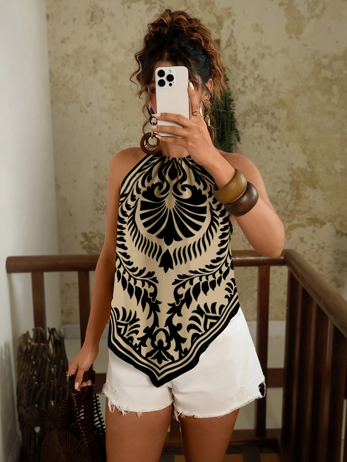 Women All-Over Print Halter Casual Versatile Blouse for Dates And Outings - Multicolor