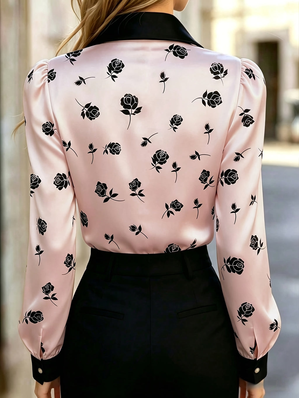 Women's Satin Rose-print Top, Long-sleeve Button-up Shirt with Bow Collar - Pink Color