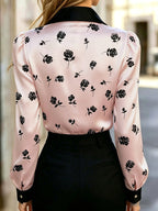 Women's Satin Rose-print Top, Long-sleeve Button-up Shirt with Bow Collar - Pink Color
