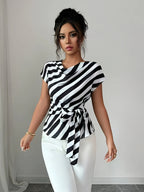 Women's Elegant Commuter High-Neck Striped Print Vacation Casual Shirt - Black