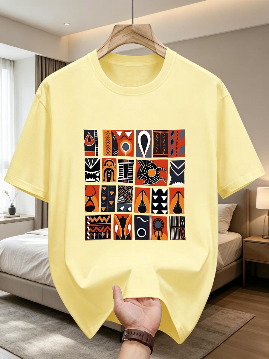New Pure Cotton African Inspired Men's T-Shirt with Tribal Pattern And Geometric Design for Casual Wear In Summer And Autumn Perfect Gift for Him - Apricot