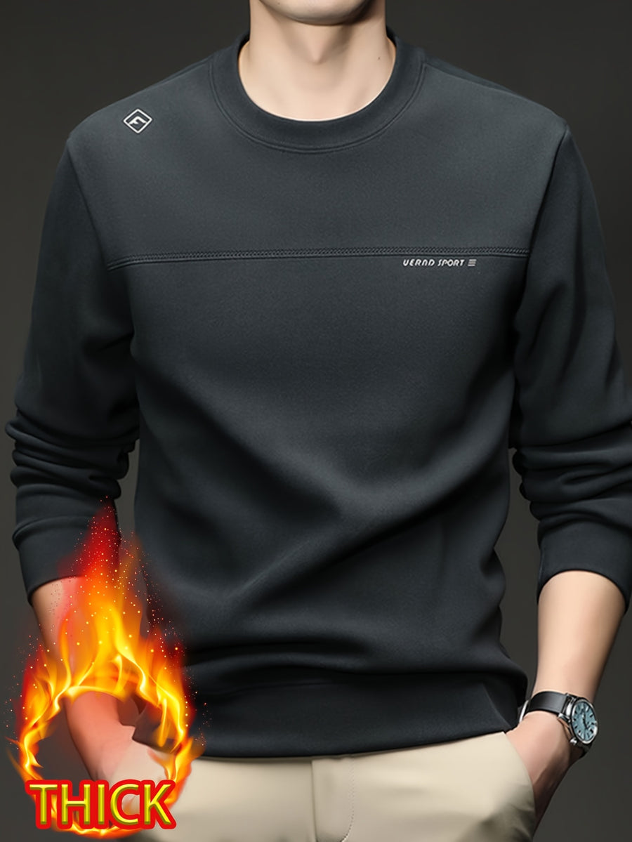Men's Crew Neck Thickened Sweatshirt, Pullover Long Sleeve Sweatshirt, for Standalone Wear or Layering in Autumn/Winter, Ribbed Cuffs and Hem - SINBOS - Ash