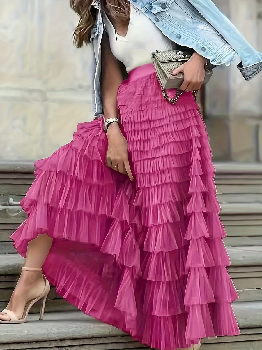 Elegant Mesh Long Cake Skirt with Elastic Waist - Rose Red