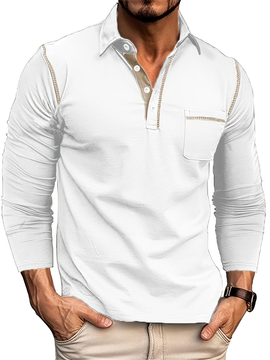 KJ-P029 Men's Long Sleeve Henley Shirt with Contrast Color Placket and Pocket Design, Stretchy, Comfortable, and Casual Polo for Daily Commuting Wear - White