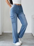 Women'S High-Waist Cargo Trousers Street Style Multi-Pocket Straight Leg Long Pants Y2K Retro Distressed Casual Wide-Leg Jeans - Medium Blue