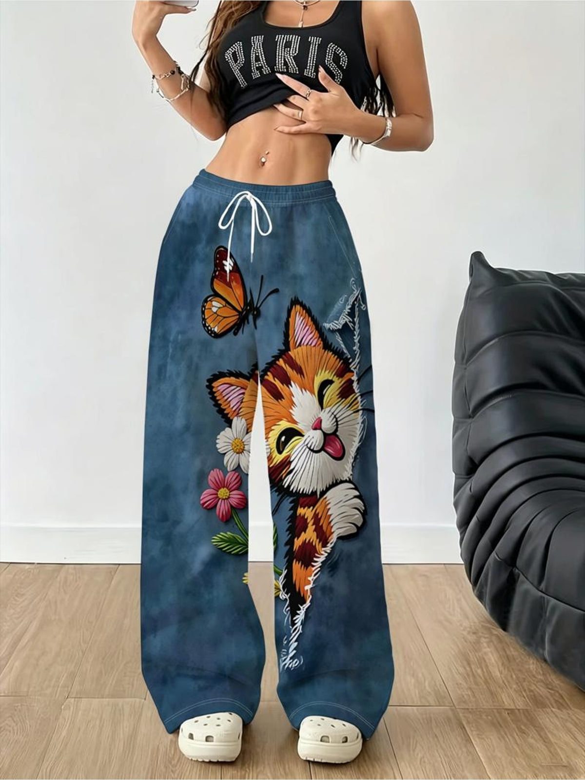 Women'S Fashion Casual Trousers, Mixed Colors, Multi-Sizes Available, Fabric, Cute Cat And Flower And Butterfly Print, Suitable for Wife/Mother, Gothic Style, Ideal Holiday Gift, Playful Whimsical Design, Comfortable And Stylish - Mixed colors