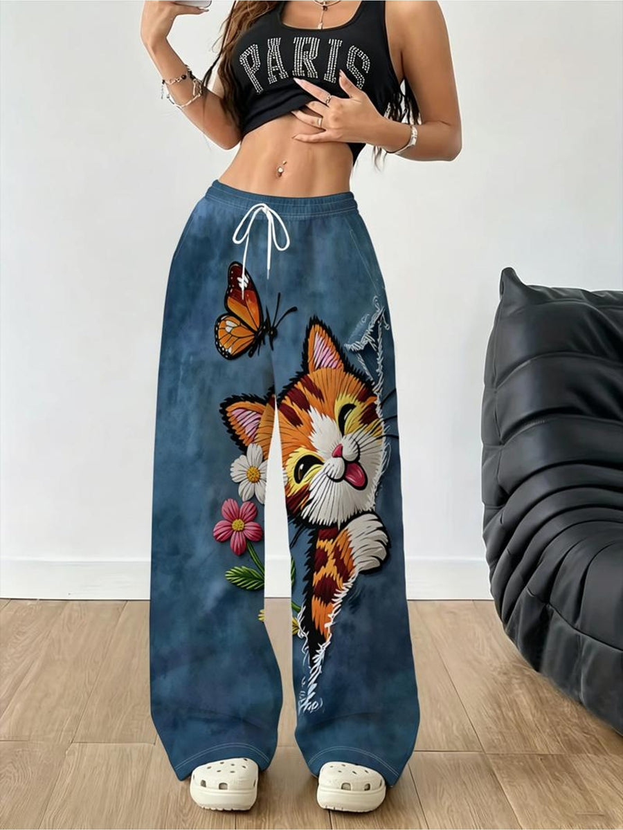 Women'S Fashion Casual Trousers, Mixed Colors, Multi-Sizes Available, Fabric, Cute Cat And Flower And Butterfly Print, Suitable for Wife/Mother, Gothic Style, Ideal Holiday Gift, Playful Whimsical Design, Comfortable And Stylish - Mixed colors
