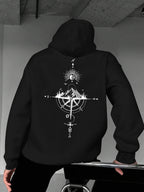 Men'S Teal Green Pullover Hoodie, Polyester Fabric Sweatshirt with Compass Back Design, Casual Streetwear Top - Black