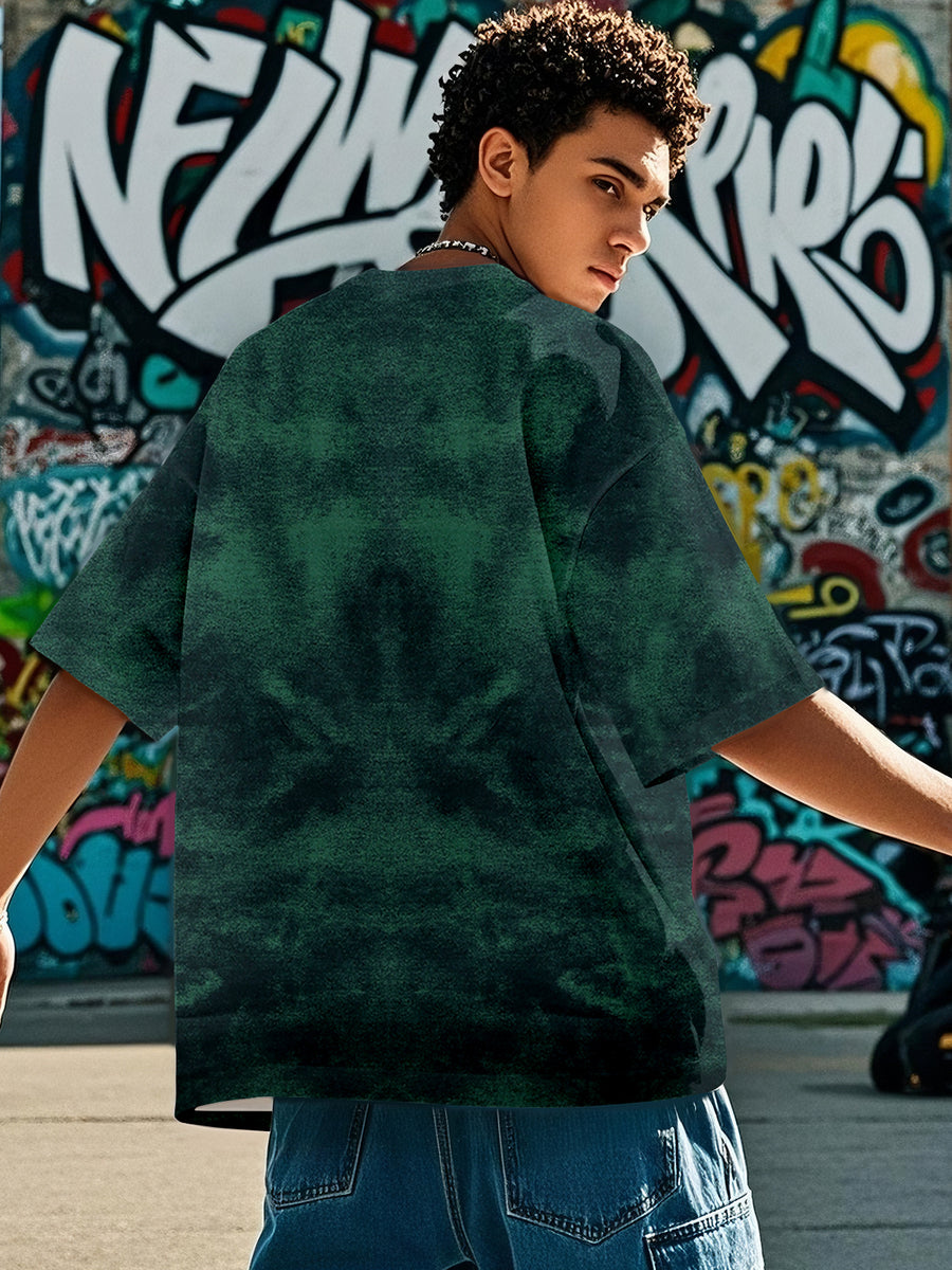Men's American Tie-Dye Short Sleeve Street Style Shark Print Tie-Dye T-Shirt - Dark Green