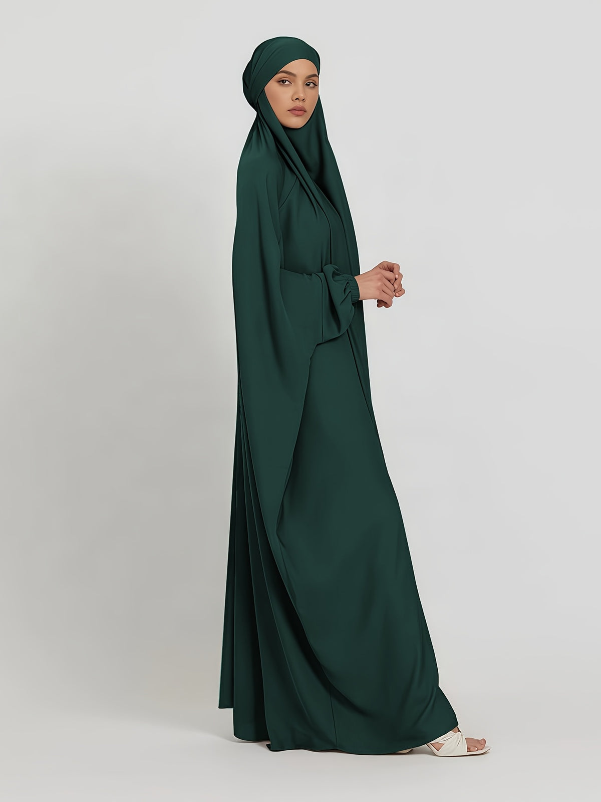 1pc Jilbab, 1pc Khimar with a Rich Drape, Cuffed Sleeves, and a Loose Fit, Suitable for Busy Daily Wear or Worship - Dark Green