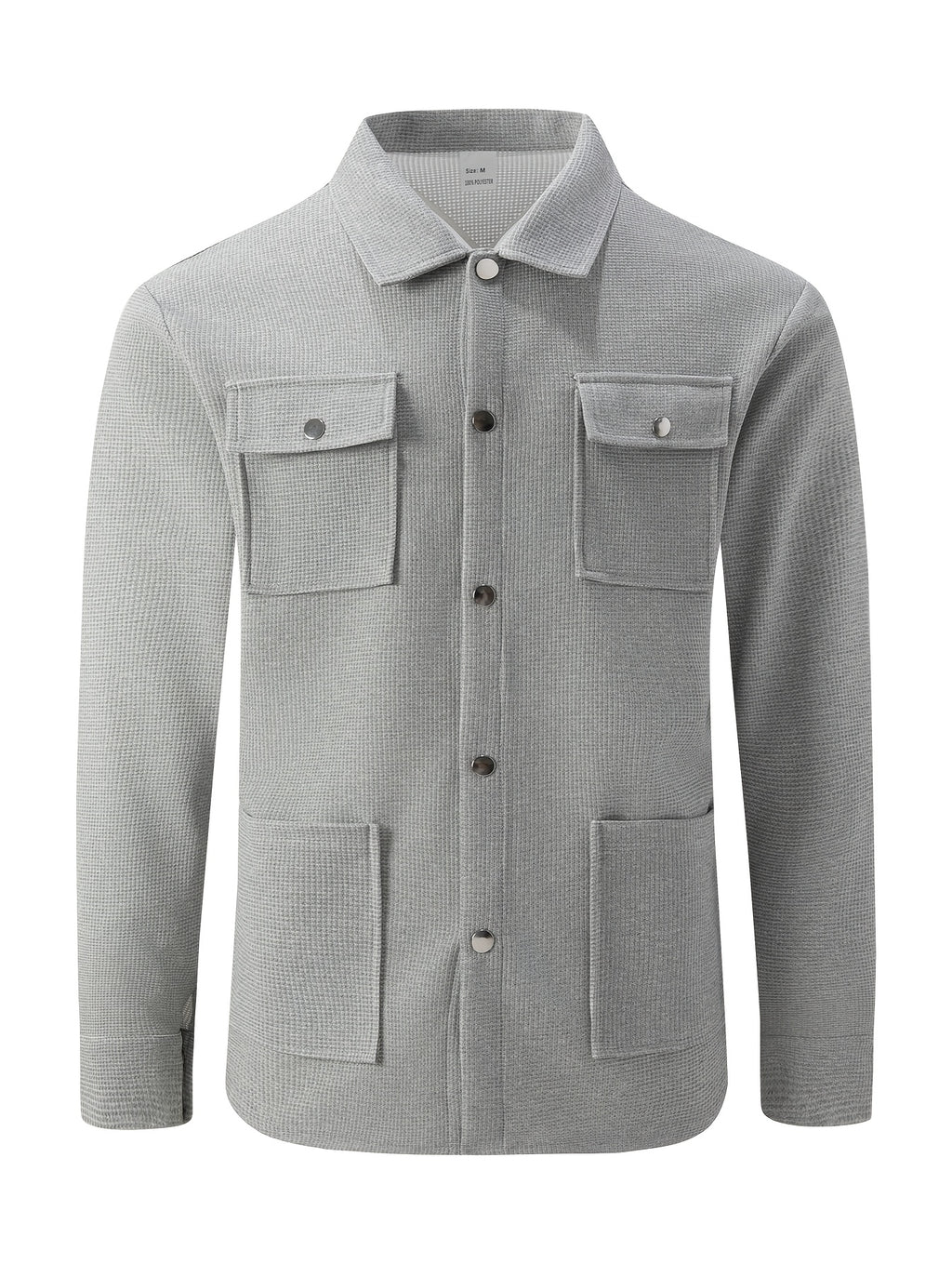 Mens Textured Waffle Shacket Collar Button Front Multi Pocket Long Sleeve Outerwear Top - Grey