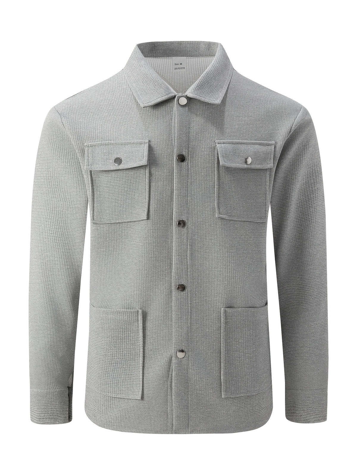 Mens Textured Waffle Shacket Collar Button Front Multi Pocket Long Sleeve Outerwear Top - Grey